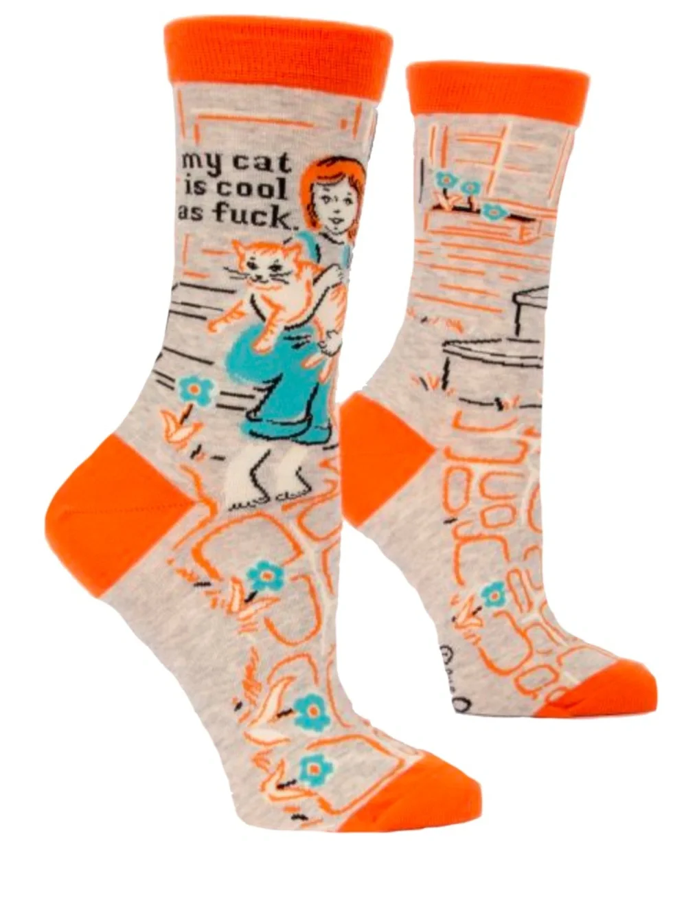 Cat Crew Socks with Graphic Size 5-10 Orange, Gray, Blue